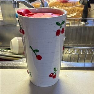 EUC Cherry Design White Glass Tumbler w/Lid